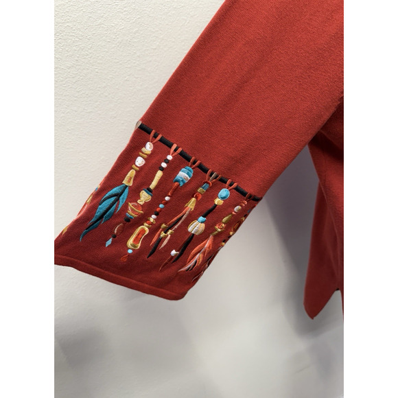 Bob Mackie Embroidered Cardigan Sweater Size 1X Native Aztec Feather Knit Artsy - Picture 3 of 7